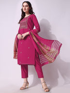 Embroidered Kurta With Pant & Dupatta Set, Multicolor - Hiral Fashion - Distacart