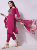 Embroidered Kurta With Pant & Dupatta Set, Multicolor - Hiral Fashion - Distacart