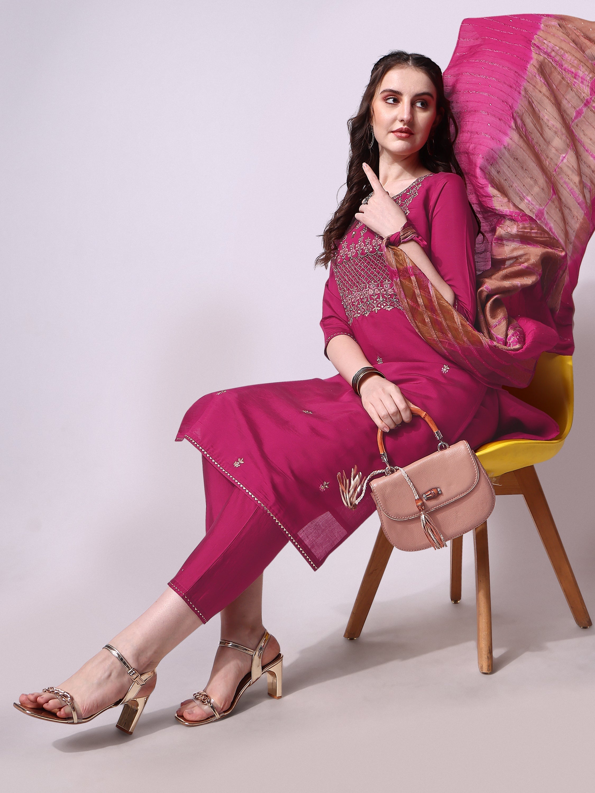 Embroidered Kurta With Pant & Dupatta Set, Multicolor - Hiral Fashion - Distacart
