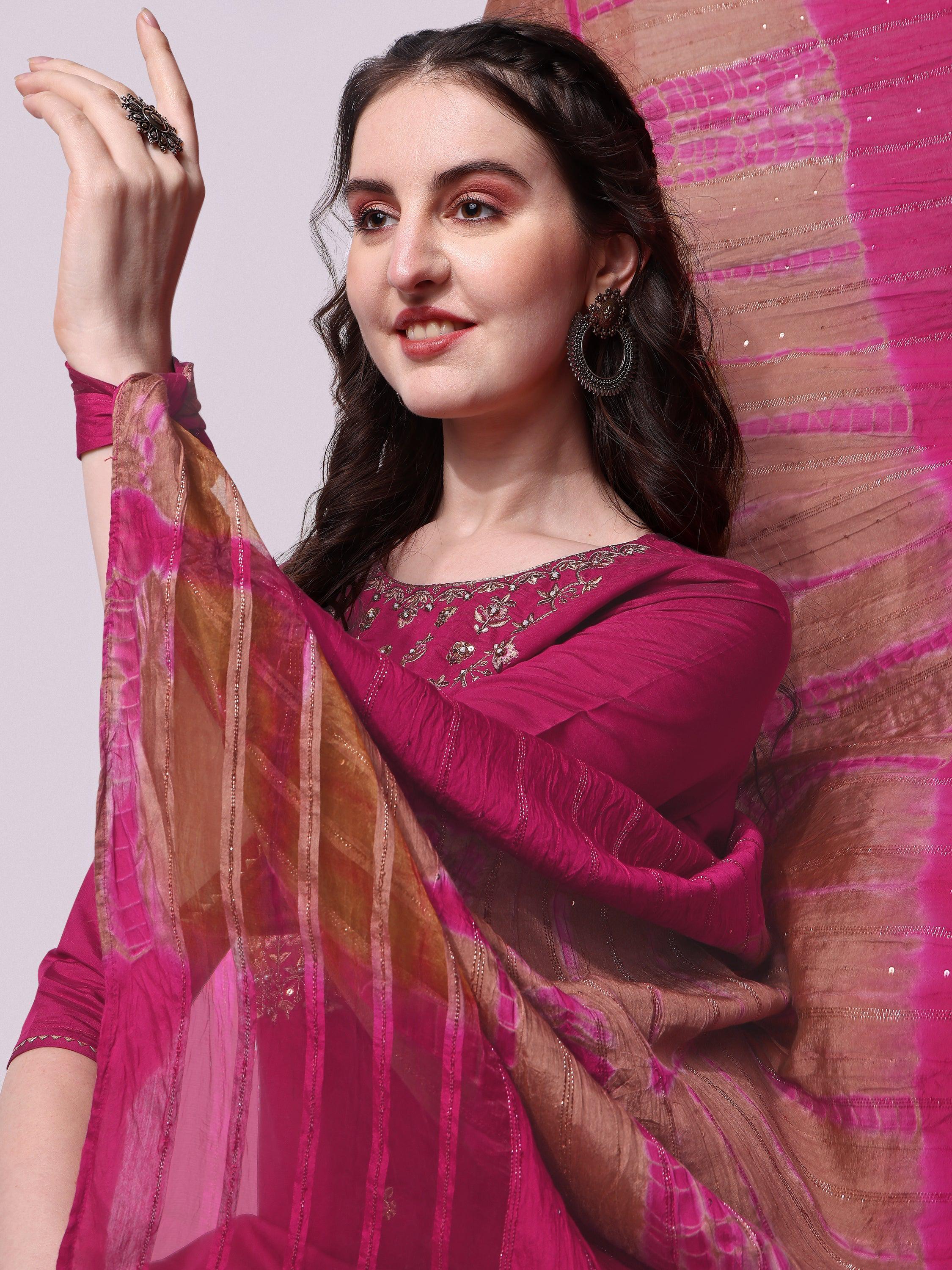 Embroidered Kurta With Pant & Dupatta Set, Multicolor - Hiral Fashion - Distacart