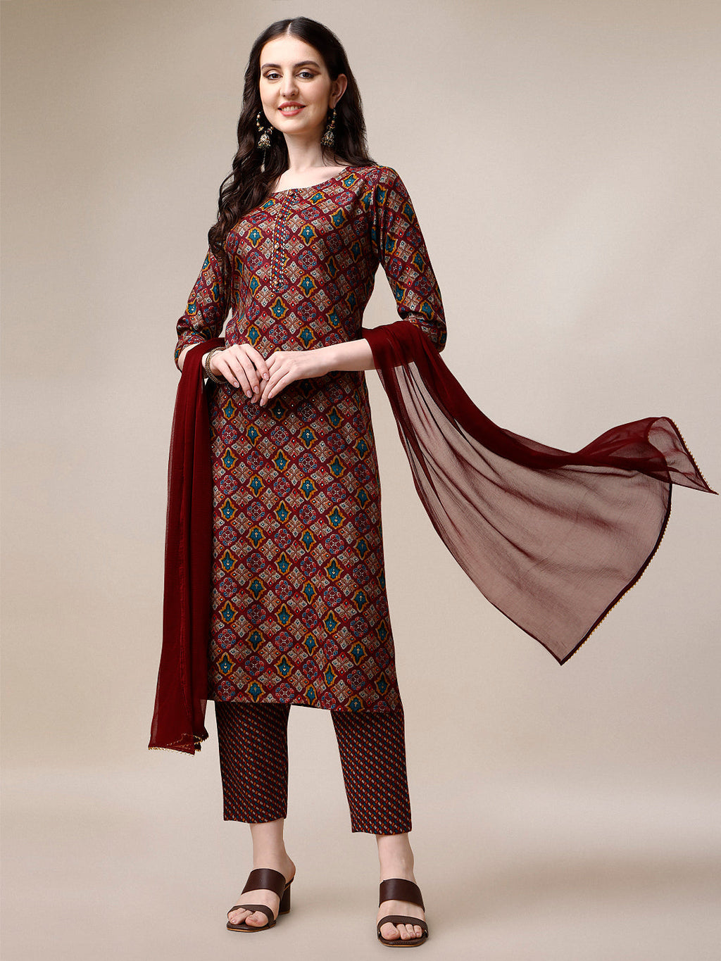 Printed Kurta With Pant & Dupatta Set, Multicolor - Hiral Fashion - Distacart