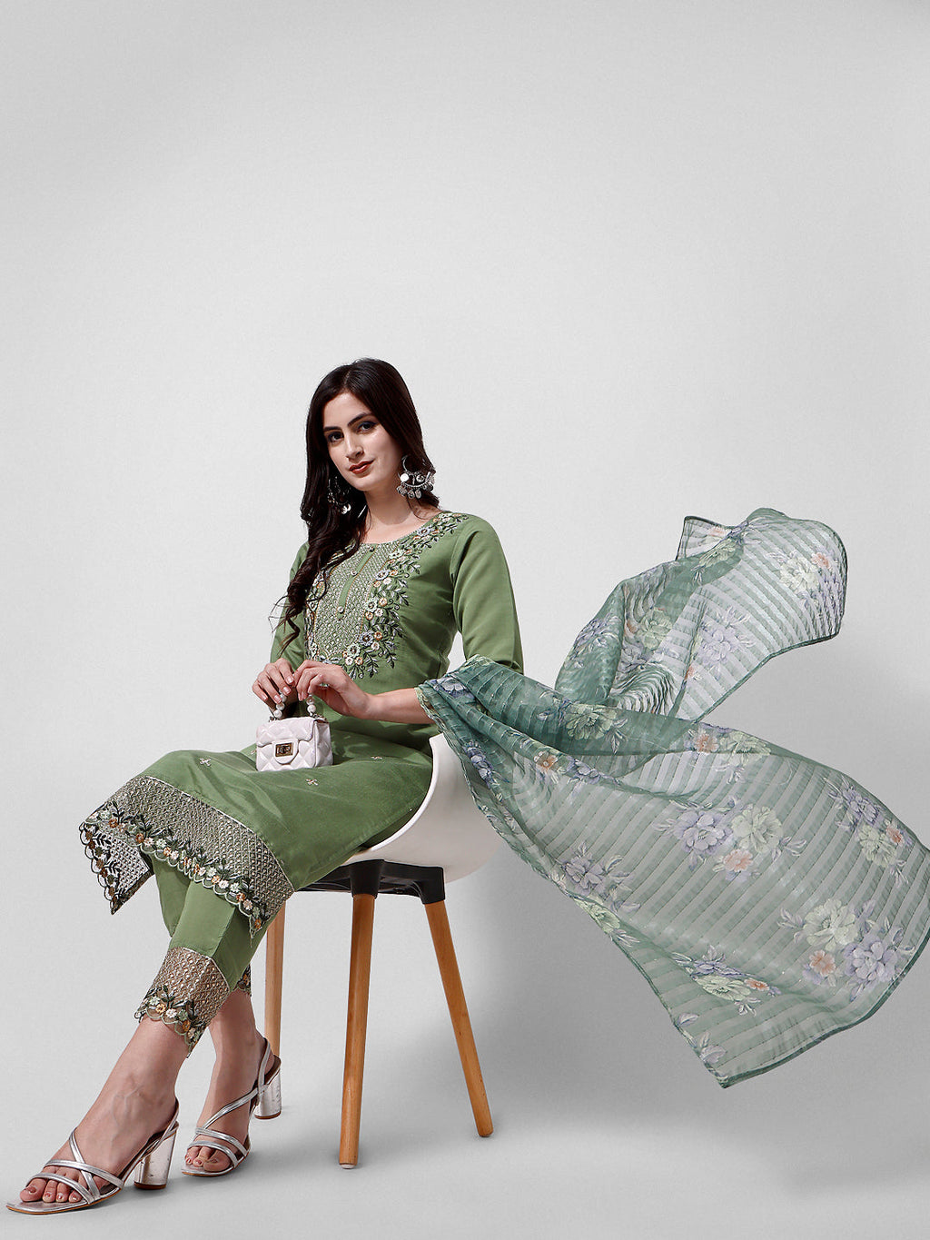 Hand Embroidered Kurta With Pant And Dupatta Set Premium, Multicolor - Hiral Fashion - Distacart