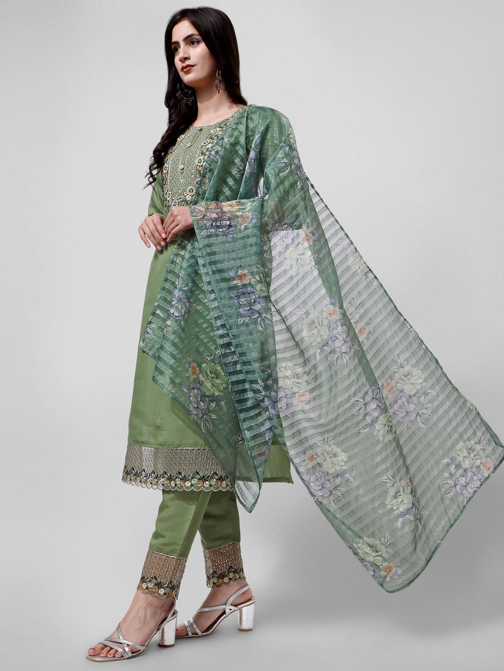 Hand Embroidered Kurta With Pant And Dupatta Set Premium, Multicolor - Hiral Fashion - Distacart