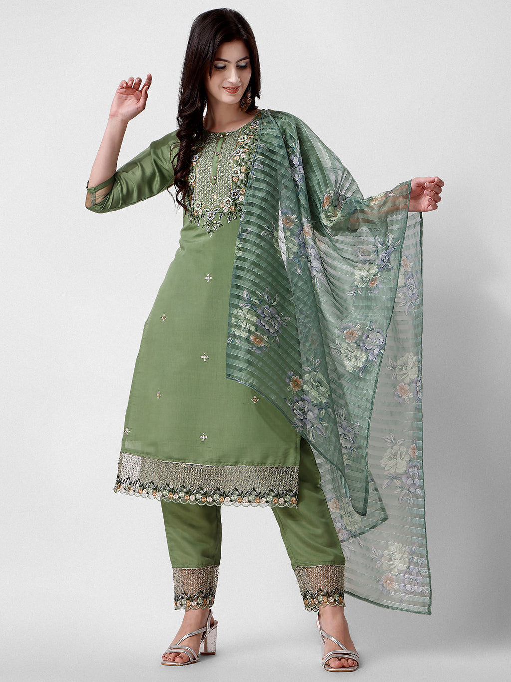 Hand Embroidered Kurta With Pant And Dupatta Set Premium, Multicolor - Hiral Fashion - Distacart