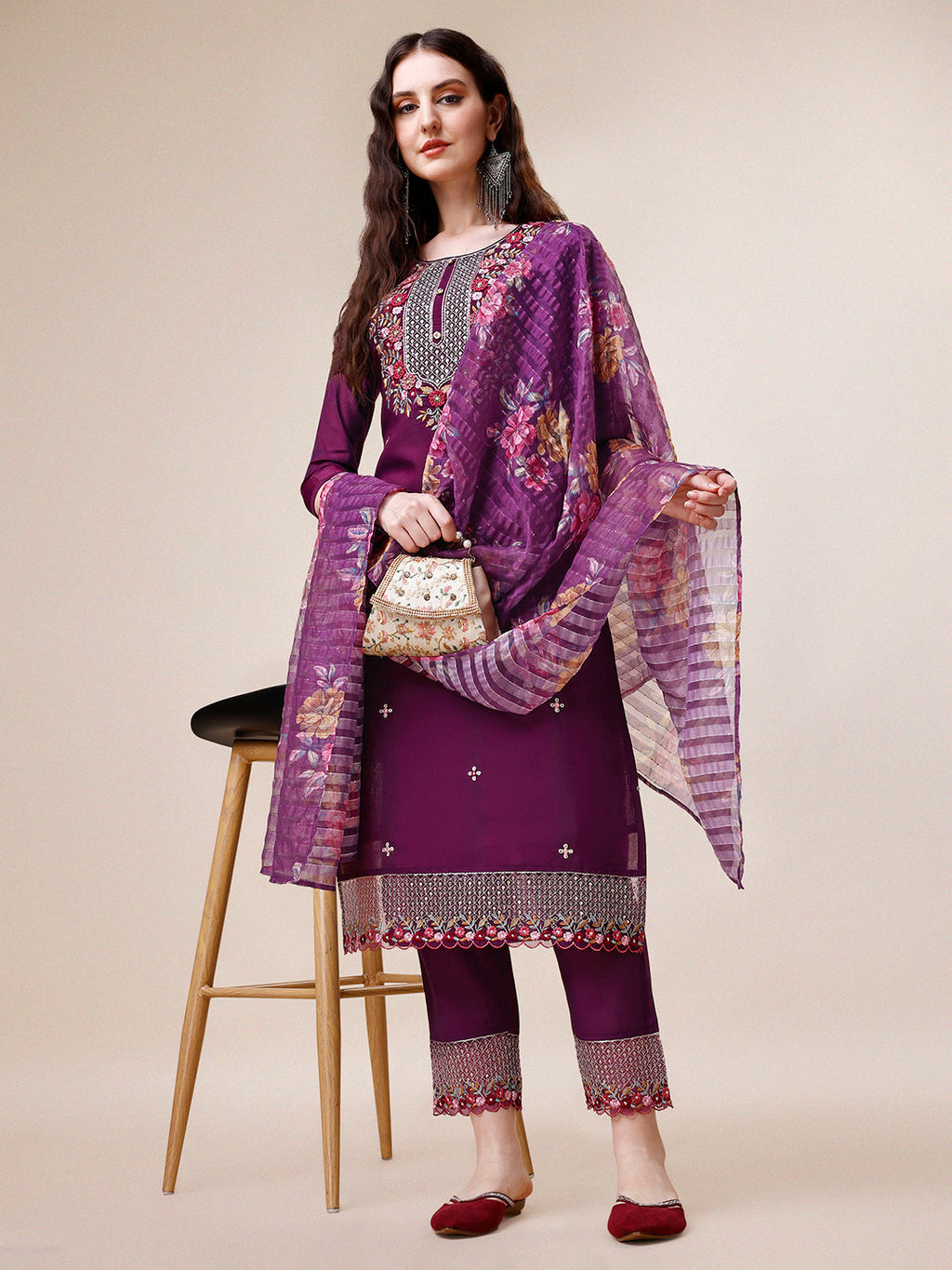 Hand Embroidered Kurta With Pant And Dupatta Set Premium, Multicolor - Hiral Fashion - Distacart