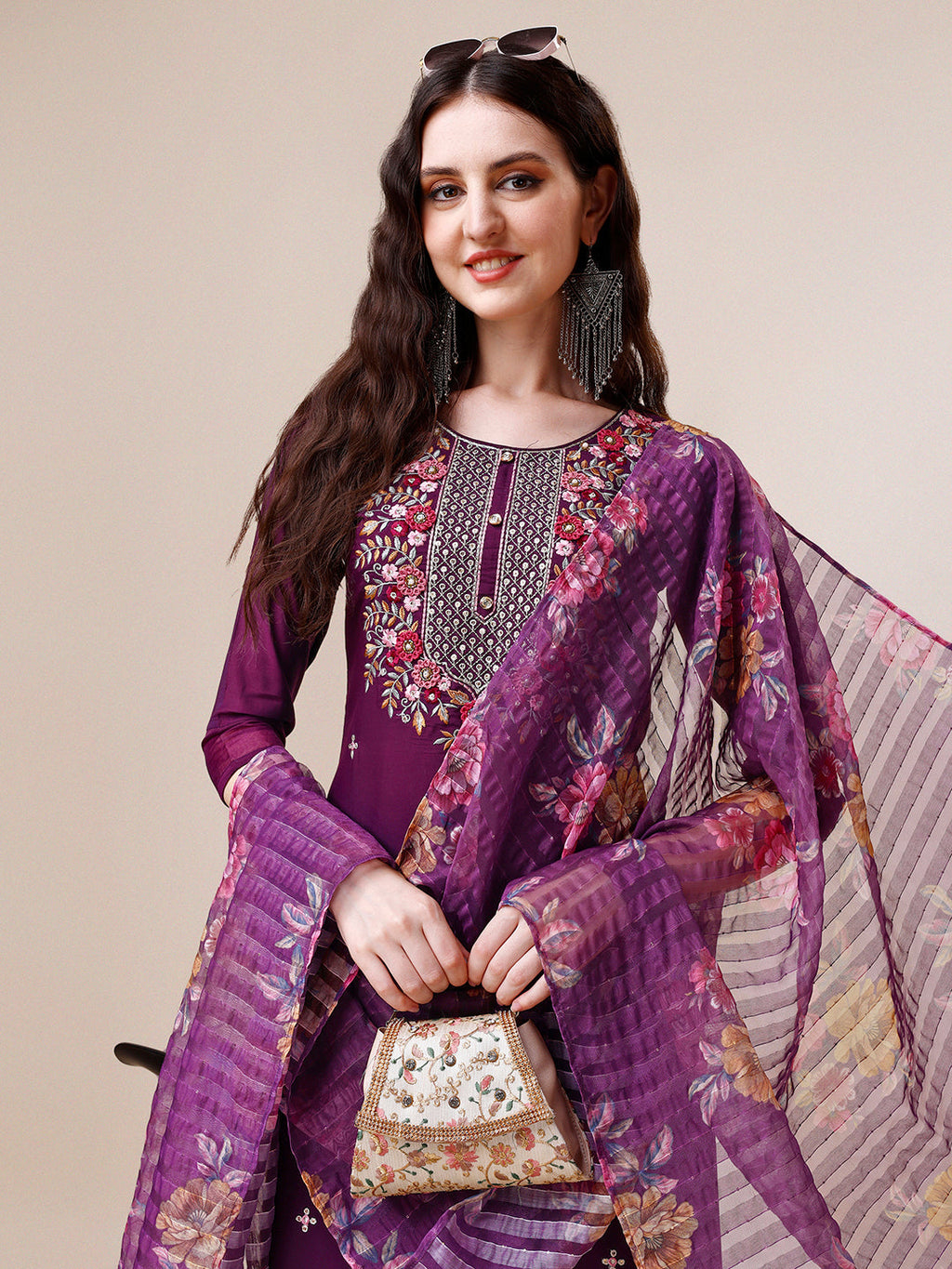 Hand Embroidered Kurta With Pant And Dupatta Set Premium, Multicolor - Hiral Fashion - Distacart