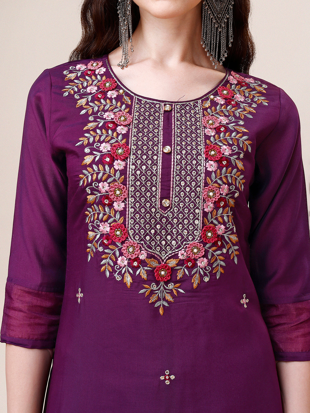 Hand Embroidered Kurta With Pant And Dupatta Set Premium, Multicolor - Hiral Fashion - Distacart