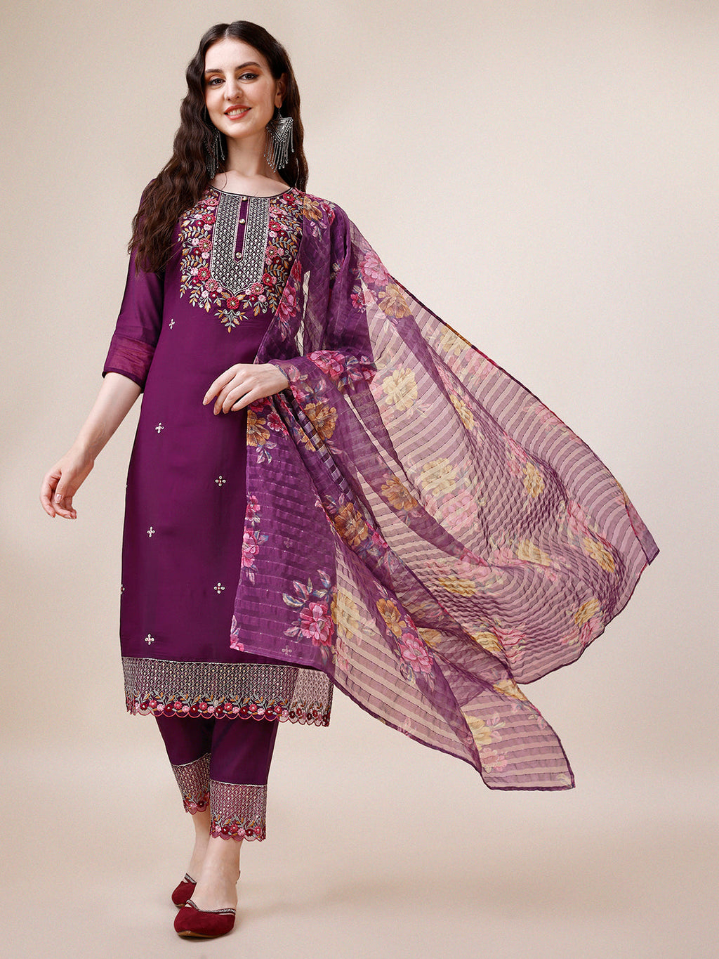 Hand Embroidered Kurta With Pant And Dupatta Set Premium, Multicolor - Hiral Fashion - Distacart