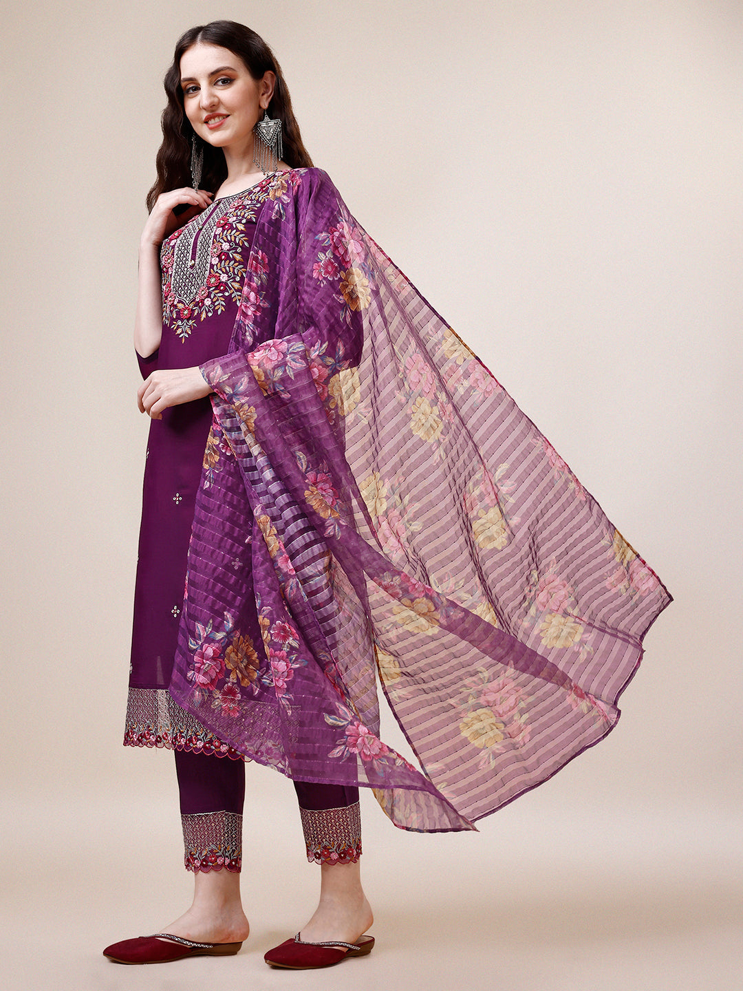 Hand Embroidered Kurta With Pant And Dupatta Set Premium, Multicolor - Hiral Fashion - Distacart