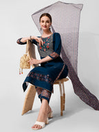 Embroidered Kurta With Pant And Printed Dupatta Set, Multicolor - Hiral Fashion - Distacart