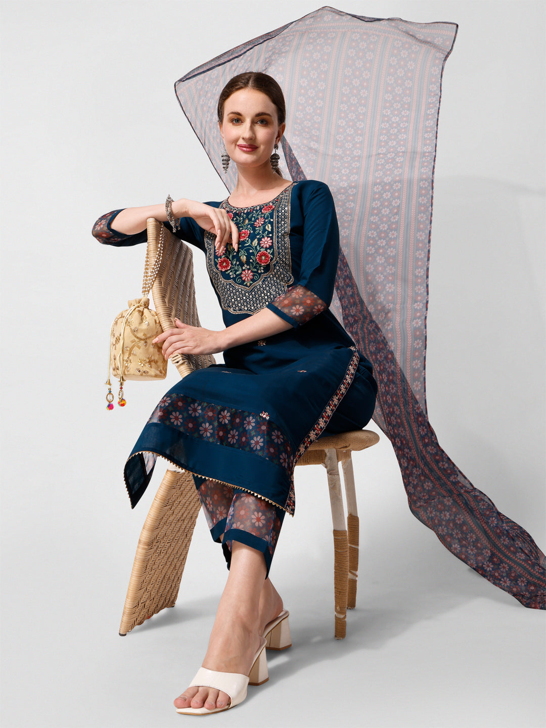 Embroidered Kurta With Pant And Printed Dupatta Set, Multicolor - Hiral Fashion - Distacart