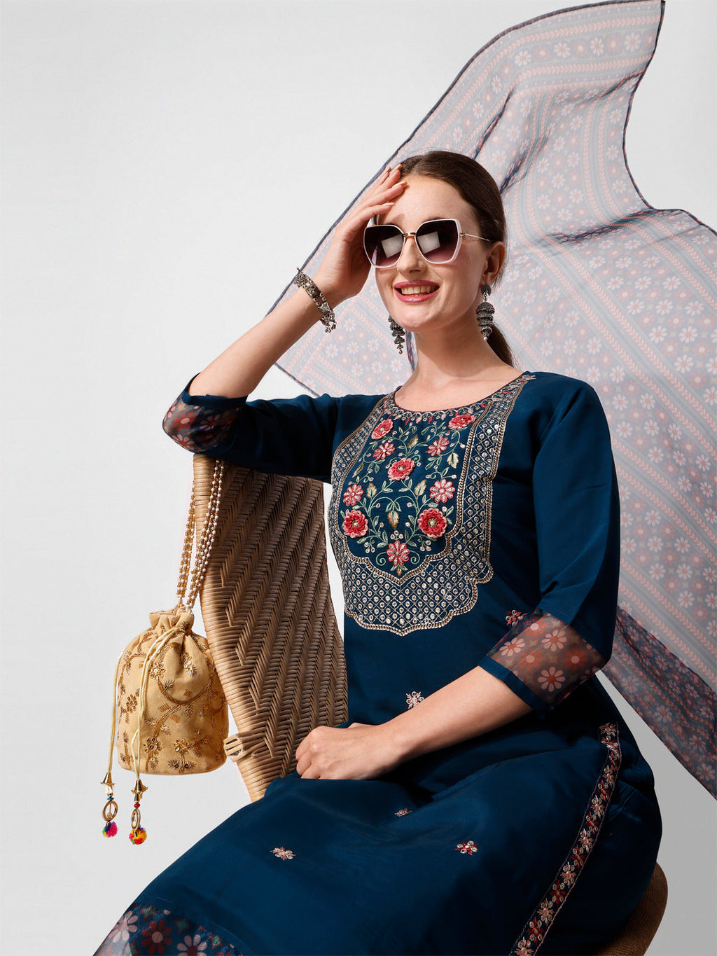 Embroidered Kurta With Pant And Printed Dupatta Set, Multicolor - Hiral Fashion - Distacart