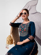 Embroidered Kurta With Pant And Printed Dupatta Set, Multicolor - Hiral Fashion - Distacart