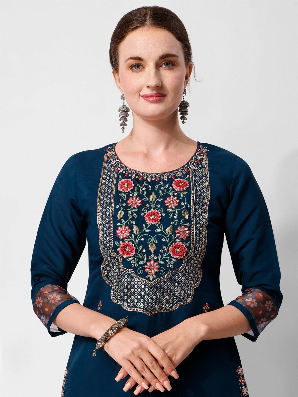 Embroidered Kurta With Pant And Printed Dupatta Set, Multicolor - Hiral Fashion - Distacart