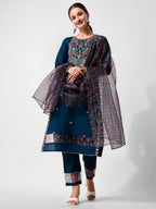 Embroidered Kurta With Pant And Printed Dupatta Set, Multicolor - Hiral Fashion - Distacart