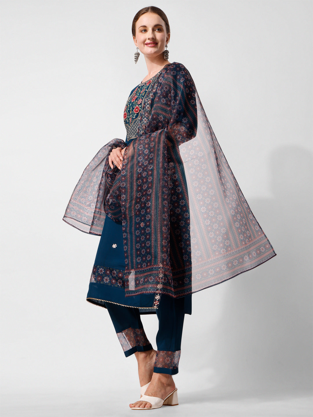 Embroidered Kurta With Pant And Printed Dupatta Set, Multicolor - Hiral Fashion - Distacart