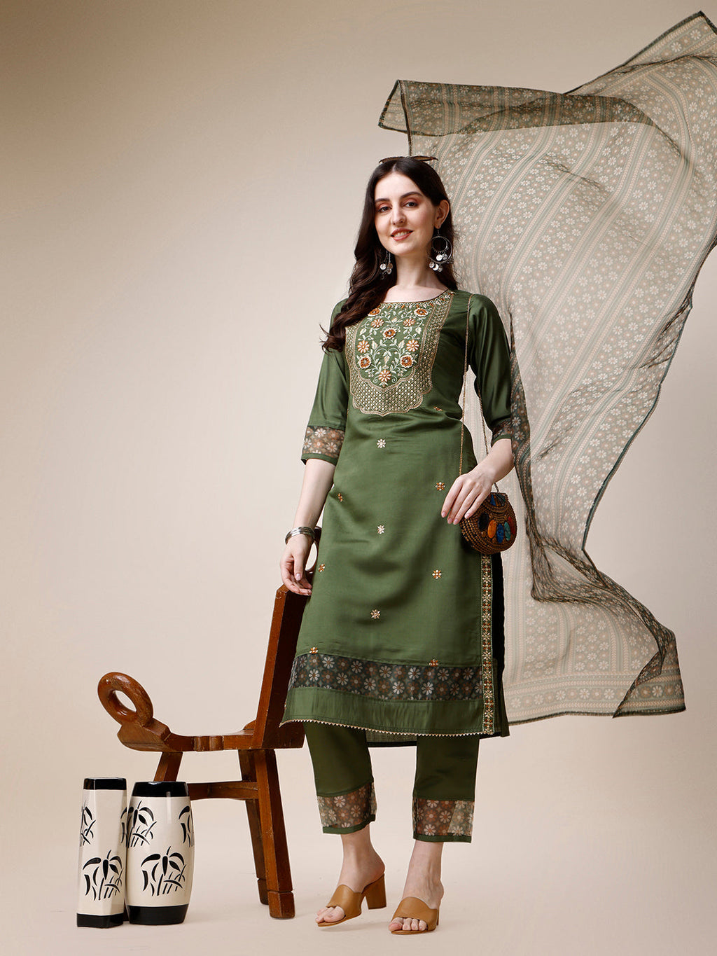 Embroidered Kurta With Pant And Printed Dupatta Set, Multicolor - Hiral Fashion - Distacart
