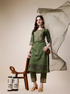 Embroidered Kurta With Pant And Printed Dupatta Set, Multicolor - Hiral Fashion - Distacart