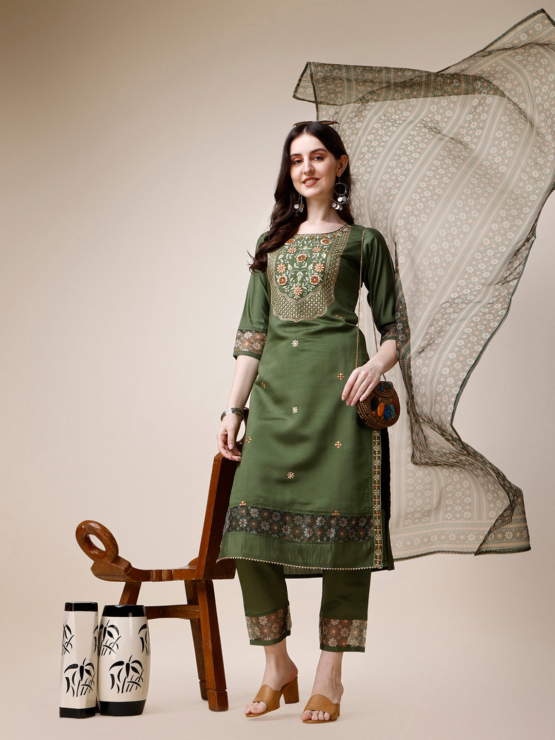 Embroidered Kurta With Pant And Printed Dupatta Set, Multicolor - Hiral Fashion - Distacart