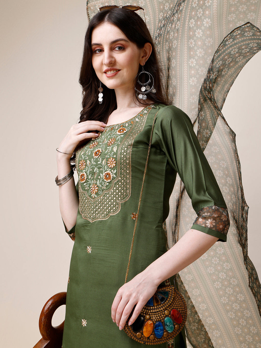 Embroidered Kurta With Pant And Printed Dupatta Set, Multicolor - Hiral Fashion - Distacart