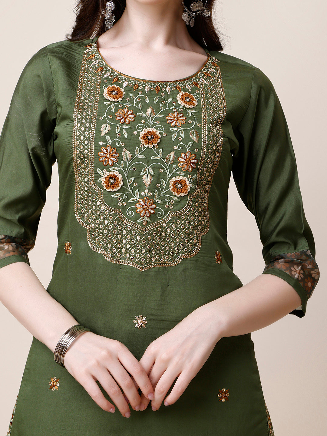 Embroidered Kurta With Pant And Printed Dupatta Set, Multicolor - Hiral Fashion - Distacart
