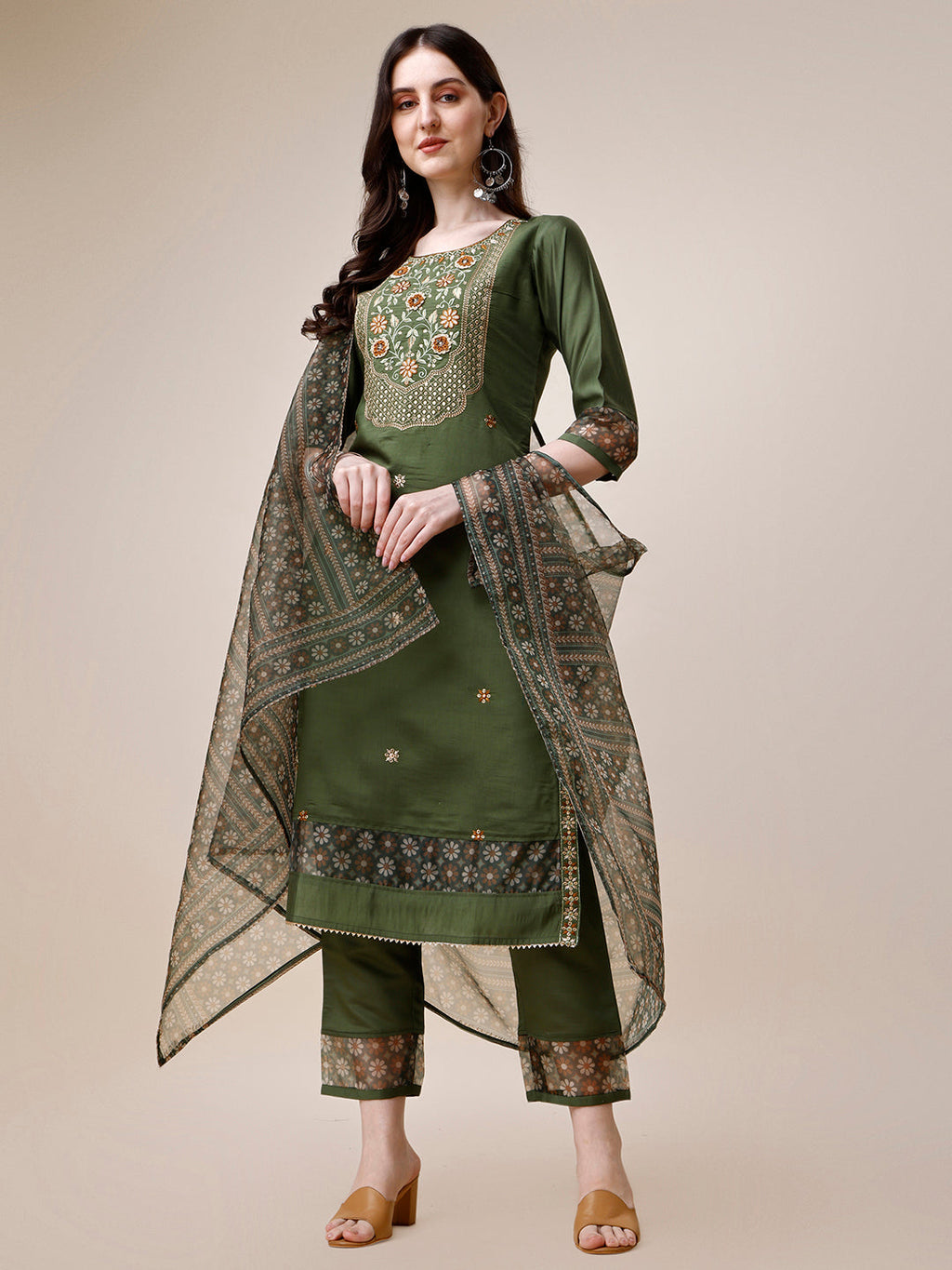 Embroidered Kurta With Pant And Printed Dupatta Set, Multicolor - Hiral Fashion - Distacart