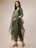 Embroidered Kurta With Pant And Printed Dupatta Set, Multicolor - Hiral Fashion - Distacart