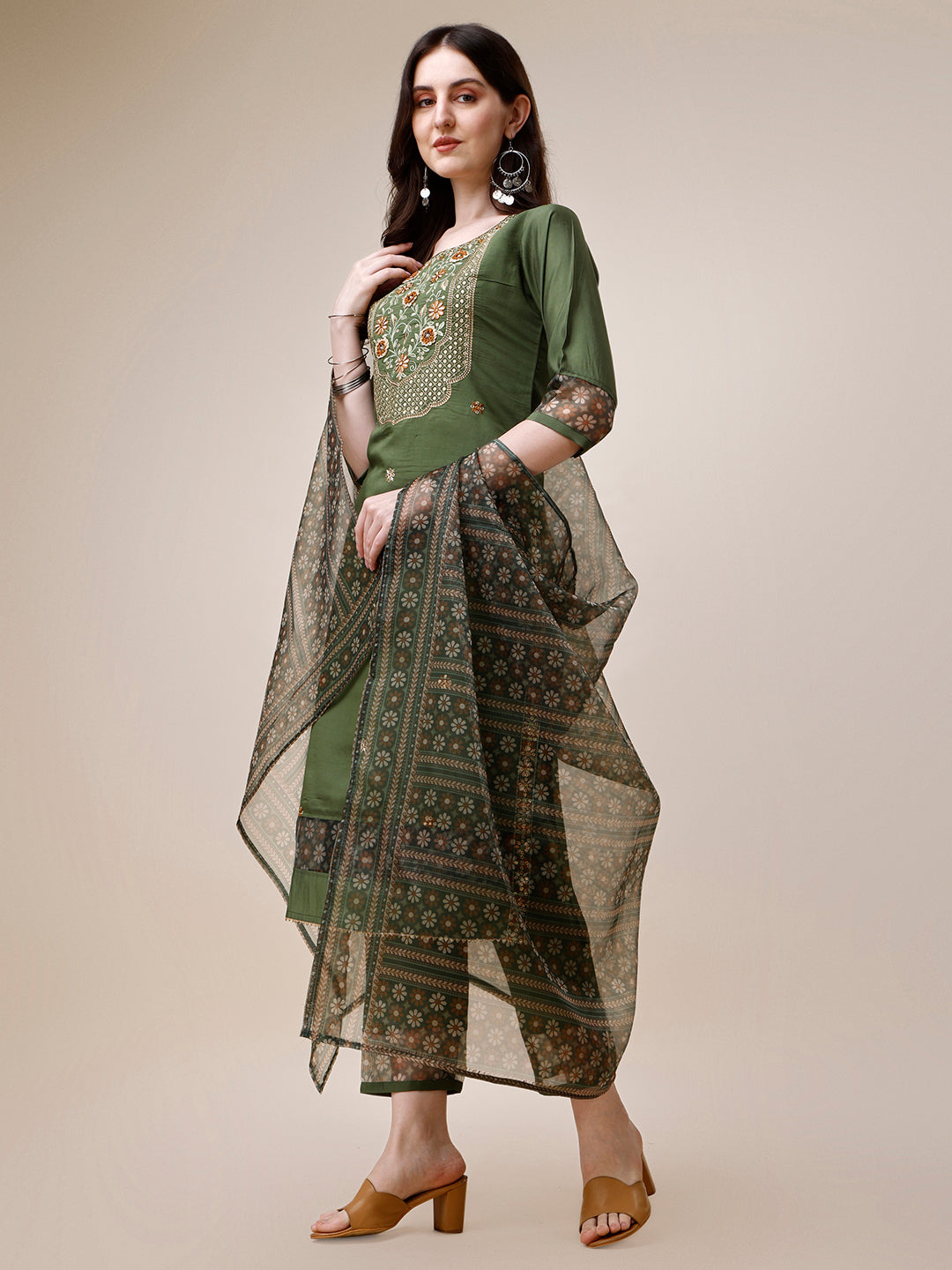 Embroidered Kurta With Pant And Printed Dupatta Set, Multicolor - Hiral Fashion - Distacart