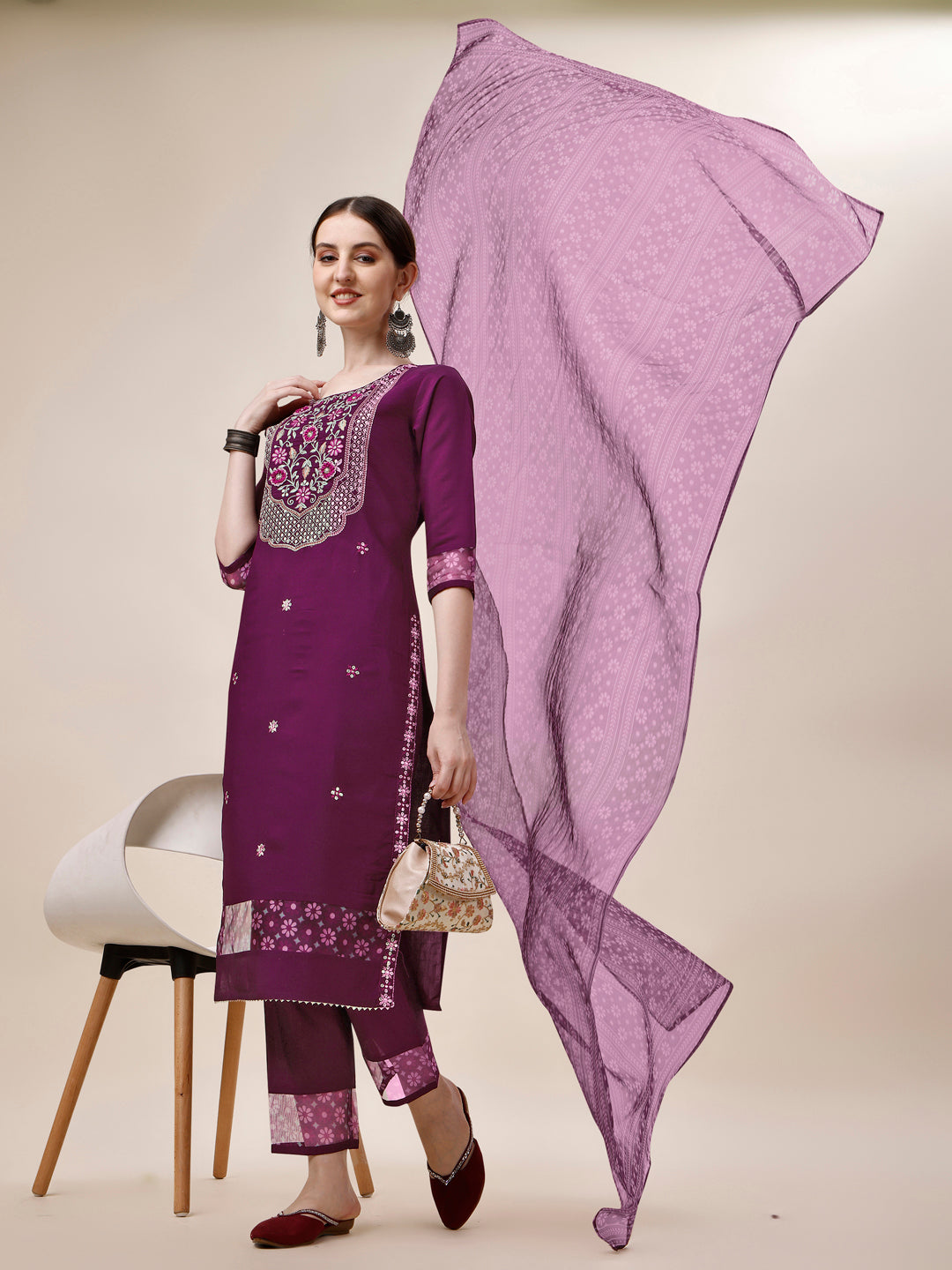 Embroidered Kurta With Pant And Printed Dupatta Set, Multicolor - Hiral Fashion - Distacart