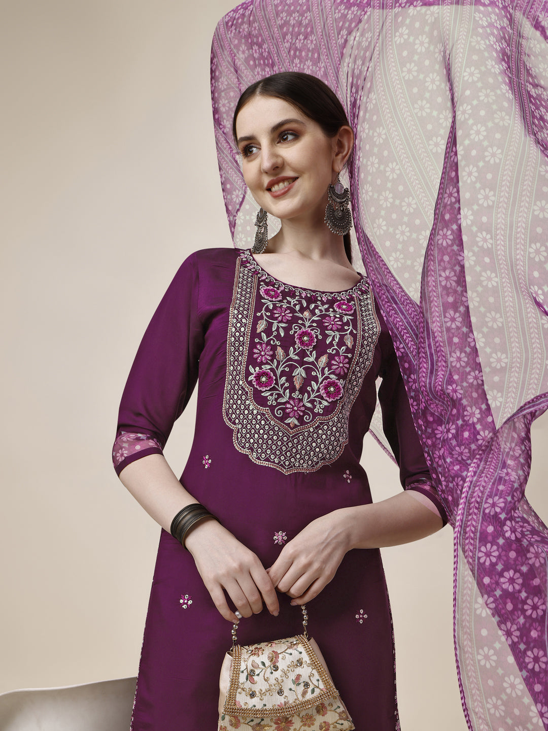 Embroidered Kurta With Pant And Printed Dupatta Set, Multicolor - Hiral Fashion - Distacart