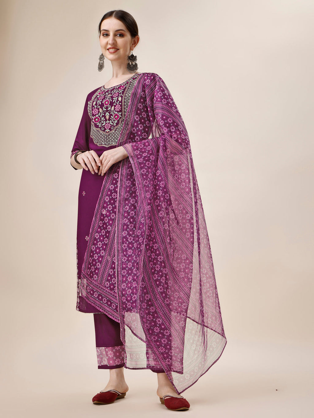 Embroidered Kurta With Pant And Printed Dupatta Set, Multicolor - Hiral Fashion - Distacart