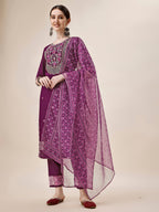 Embroidered Kurta With Pant And Printed Dupatta Set, Multicolor - Hiral Fashion - Distacart