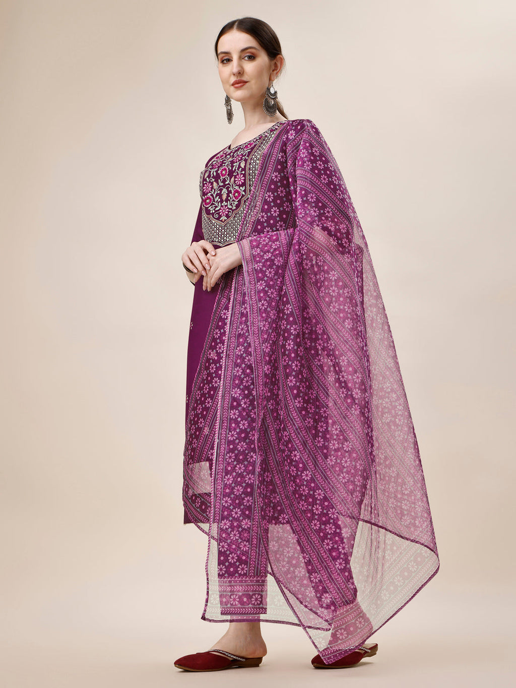 Embroidered Kurta With Pant And Printed Dupatta Set, Multicolor - Hiral Fashion - Distacart