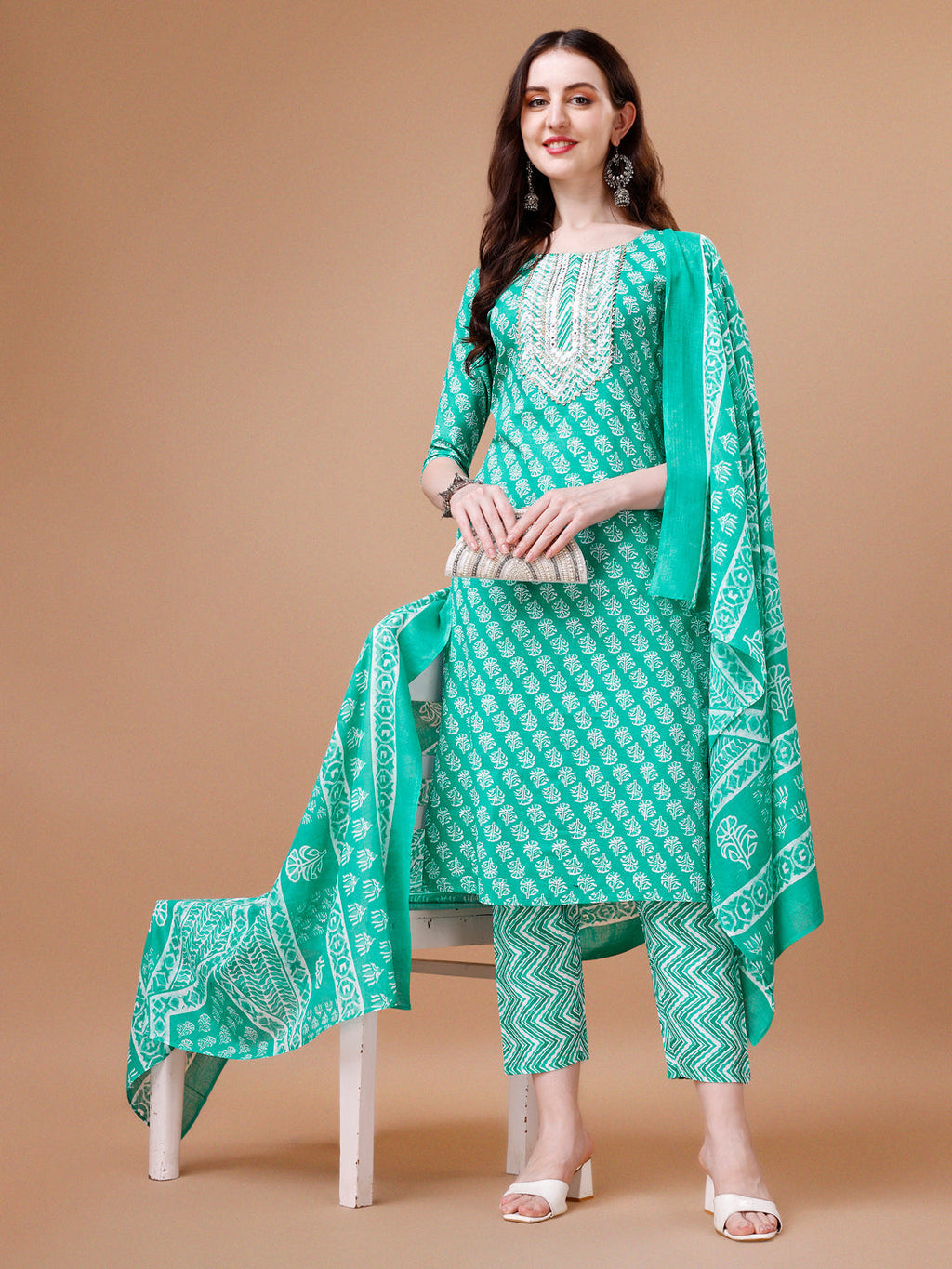 Embroidered & Floral Printed Kurta With Pant & Dupatta, Multicolor - Hiral Fashion - Distacart