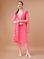 Embroidered & Floral Printed Kurta With Pant & Dupatta, Multicolor - Hiral Fashion
