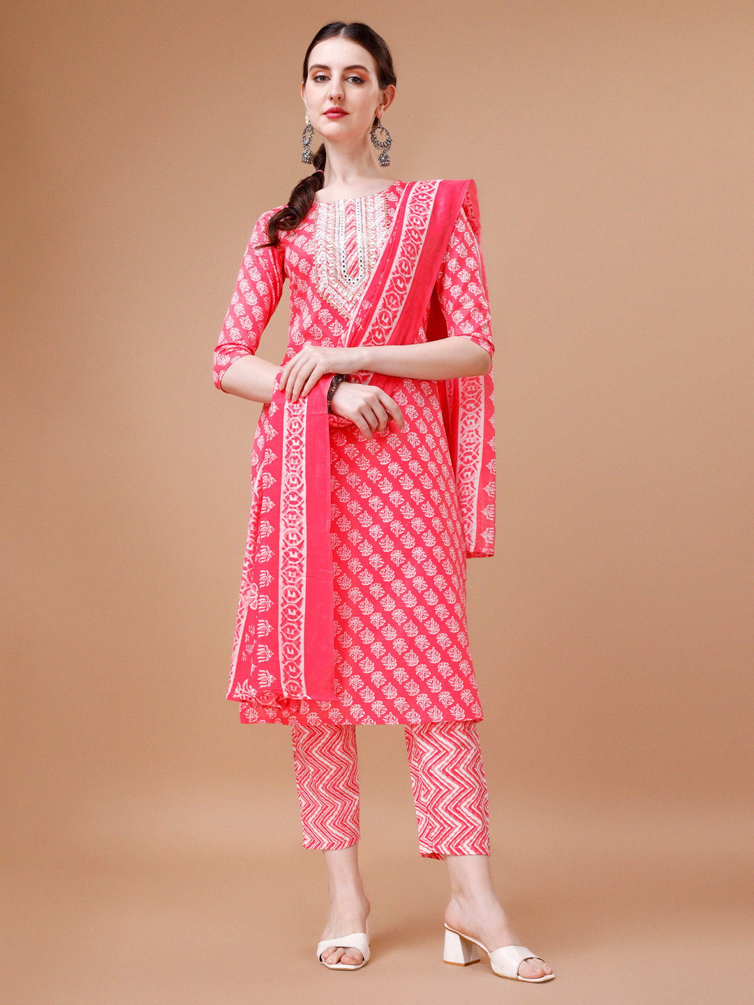 Embroidered & Floral Printed Kurta With Pant & Dupatta, Multicolor - Hiral Fashion