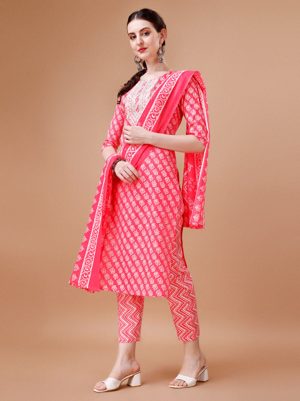 Embroidered & Floral Printed Kurta With Pant & Dupatta, Multicolor - Hiral Fashion