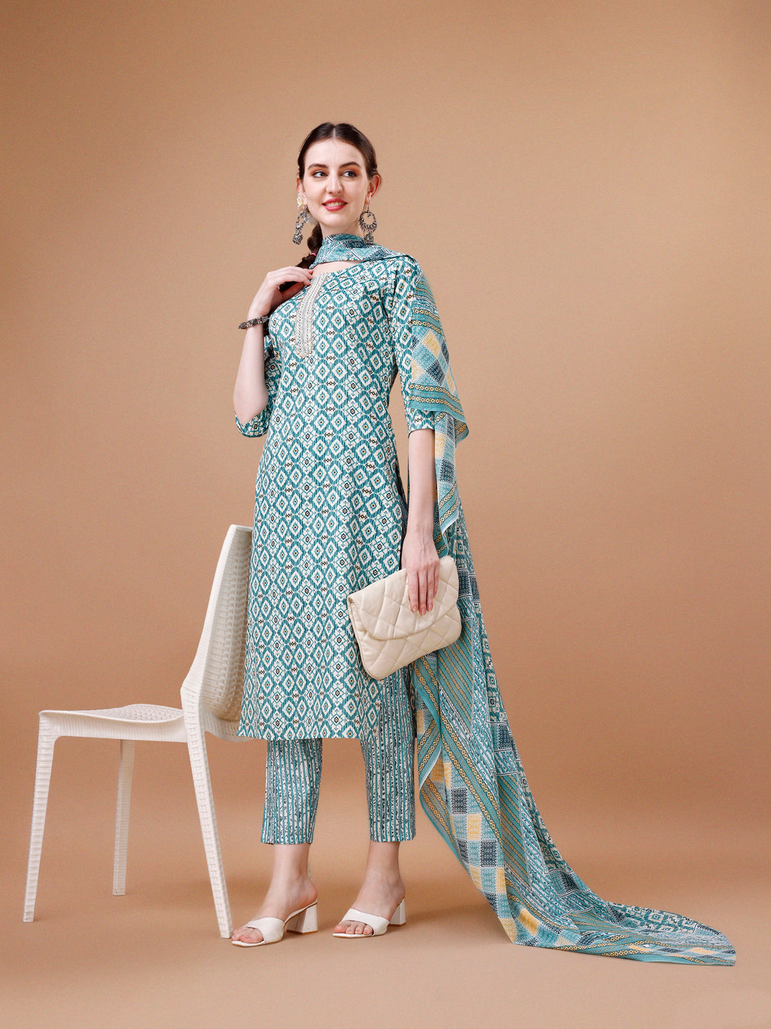 Printed & Lace Yoke Embroidered Kurta With Pant & Dupatta, Multicolor - Hiral Fashion - Distacart