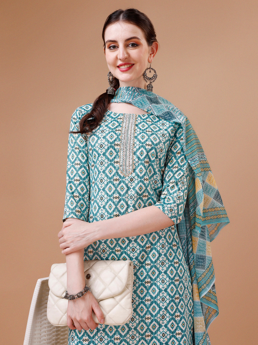 Printed & Lace Yoke Embroidered Kurta With Pant & Dupatta, Multicolor - Hiral Fashion - Distacart