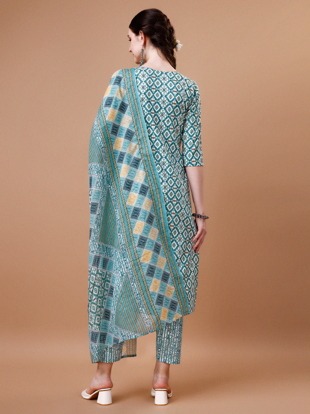 Printed & Lace Yoke Embroidered Kurta With Pant & Dupatta, Multicolor - Hiral Fashion - Distacart