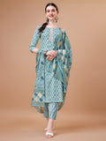 Printed & Lace Yoke Embroidered Kurta With Pant & Dupatta, Multicolor - Hiral Fashion - Distacart