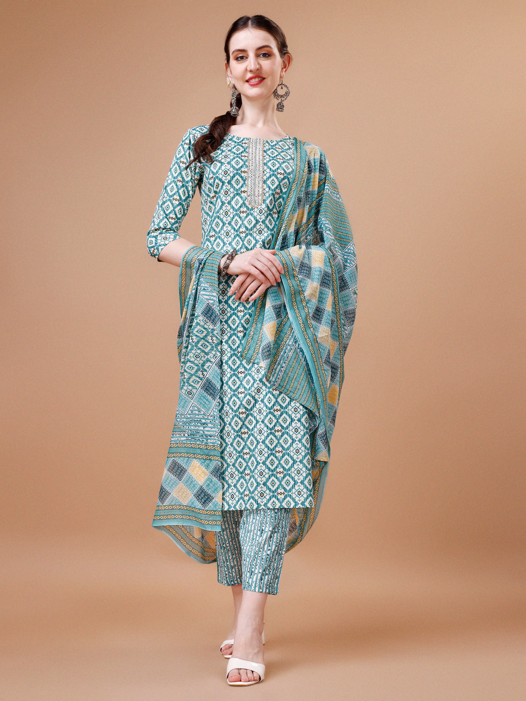 Printed & Lace Yoke Embroidered Kurta With Pant & Dupatta, Multicolor - Hiral Fashion - Distacart