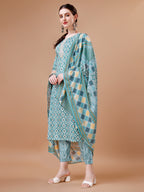 Printed & Lace Yoke Embroidered Kurta With Pant & Dupatta, Multicolor - Hiral Fashion - Distacart