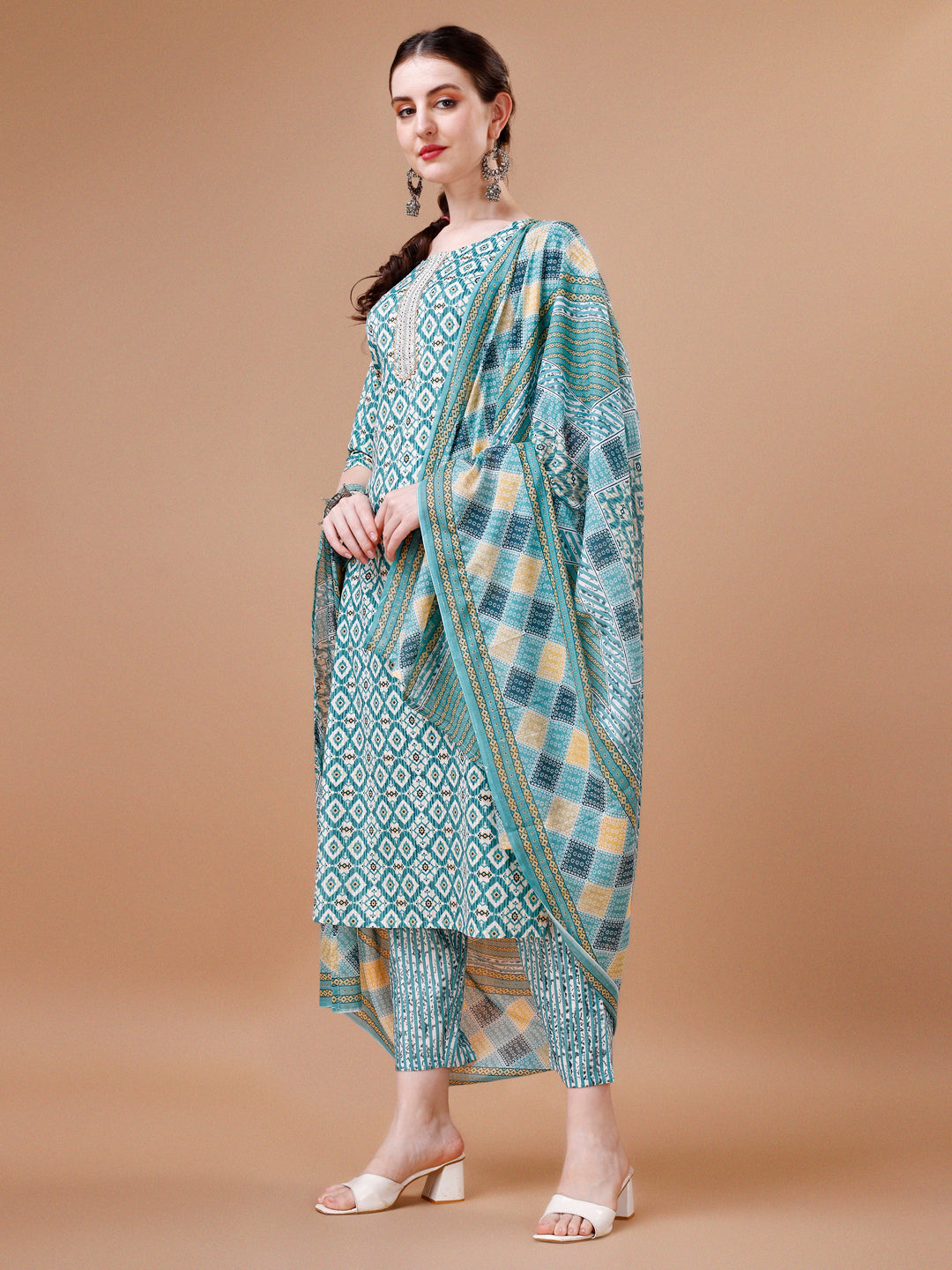 Printed & Lace Yoke Embroidered Kurta With Pant & Dupatta, Multicolor - Hiral Fashion - Distacart
