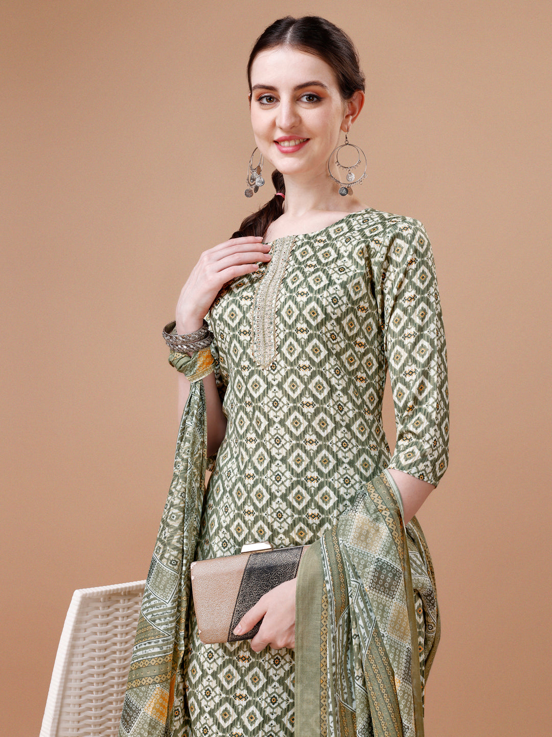 Printed & Lace Yoke Embroidered Kurta With Pant & Dupatta, Multicolor - Hiral Fashion - Distacart