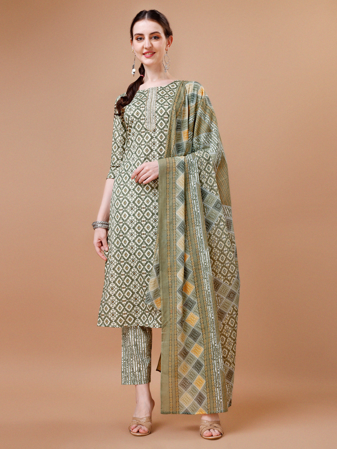 Printed & Lace Yoke Embroidered Kurta With Pant & Dupatta, Multicolor - Hiral Fashion - Distacart