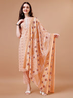 Printed & Lace Yoke Embroidered Kurta With Pant & Dupatta, Multicolor - Hiral Fashion - Distacart