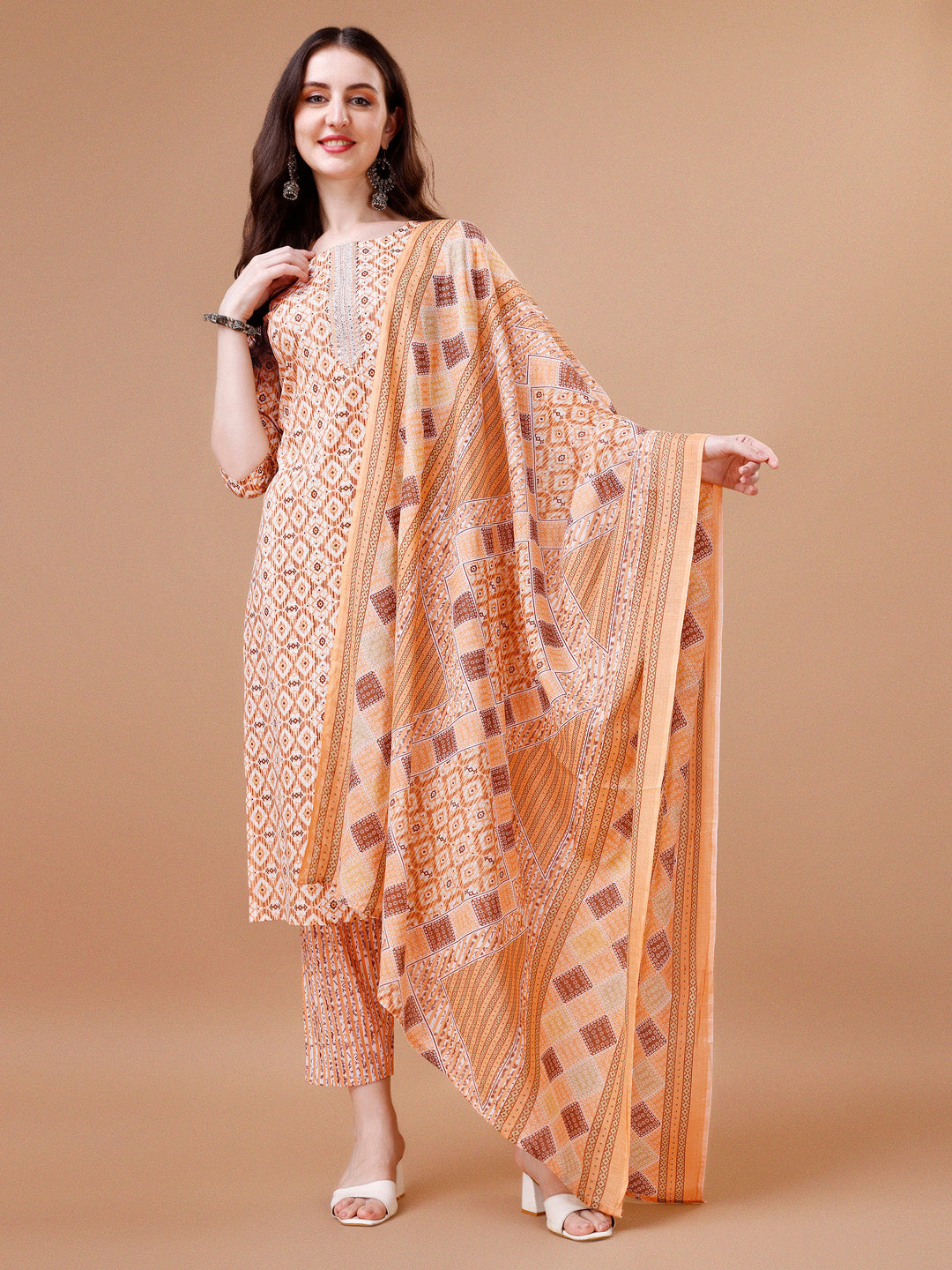Printed & Lace Yoke Embroidered Kurta With Pant & Dupatta, Multicolor - Hiral Fashion - Distacart