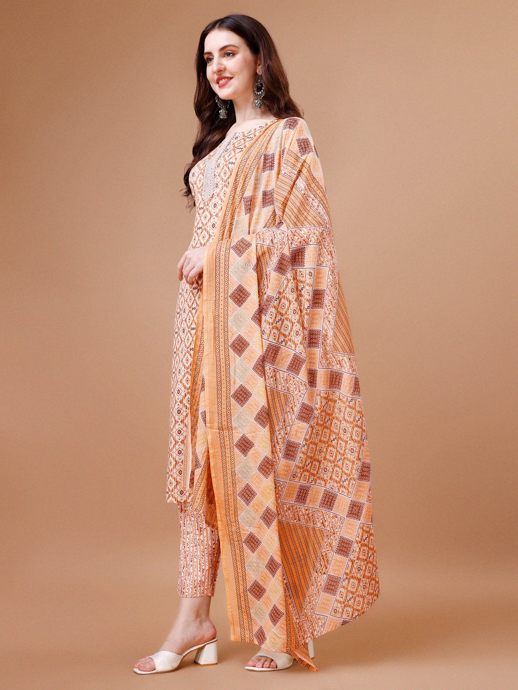 Printed & Lace Yoke Embroidered Kurta With Pant & Dupatta, Multicolor - Hiral Fashion - Distacart