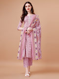 Printed & Lace Yoke Embroidered Kurta With Pant & Dupatta, Multicolor - Hiral Fashion - Distacart